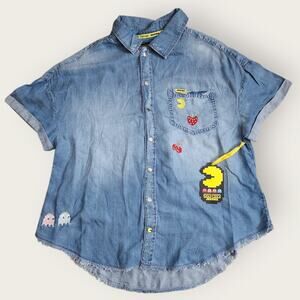 Justice Girls Pac Man Denim Shirt Blue Snap Short Sleeve Sz XL Plus Ghost Gang